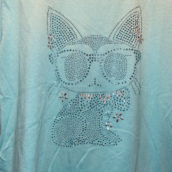 La Madonna teal tshirt with silver jewelry beads cat on front very fancy style - Picture 3 of 6